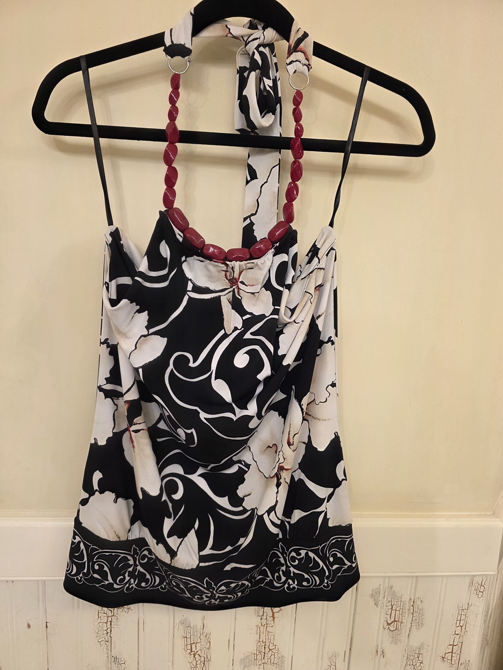 White House Black Market Black & White Floral Halter Top with Red Bead Neckline
